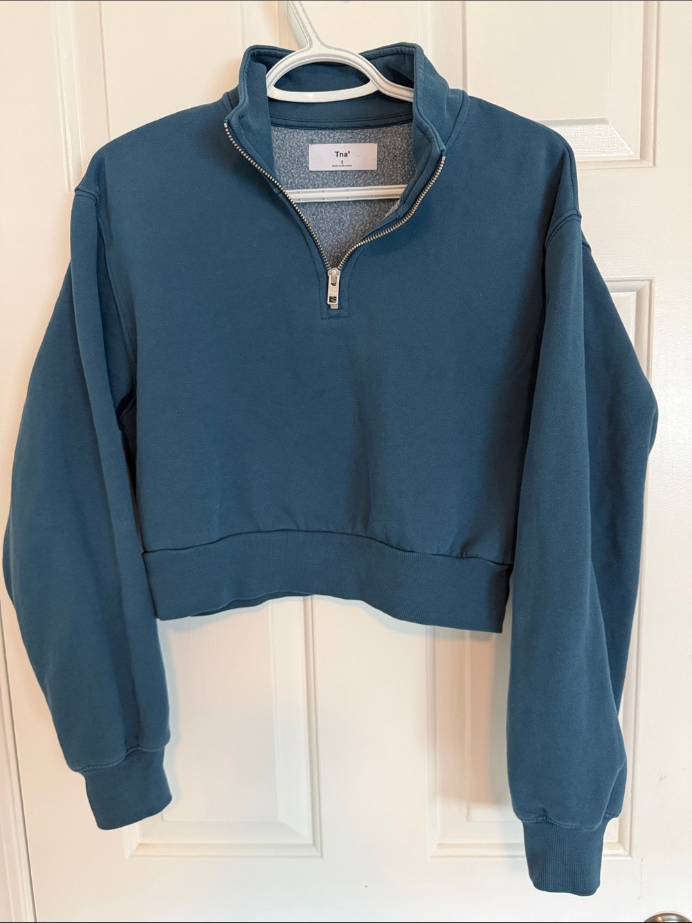 TNA Cropped Half-Zip Sweatshirt in Teal Blue